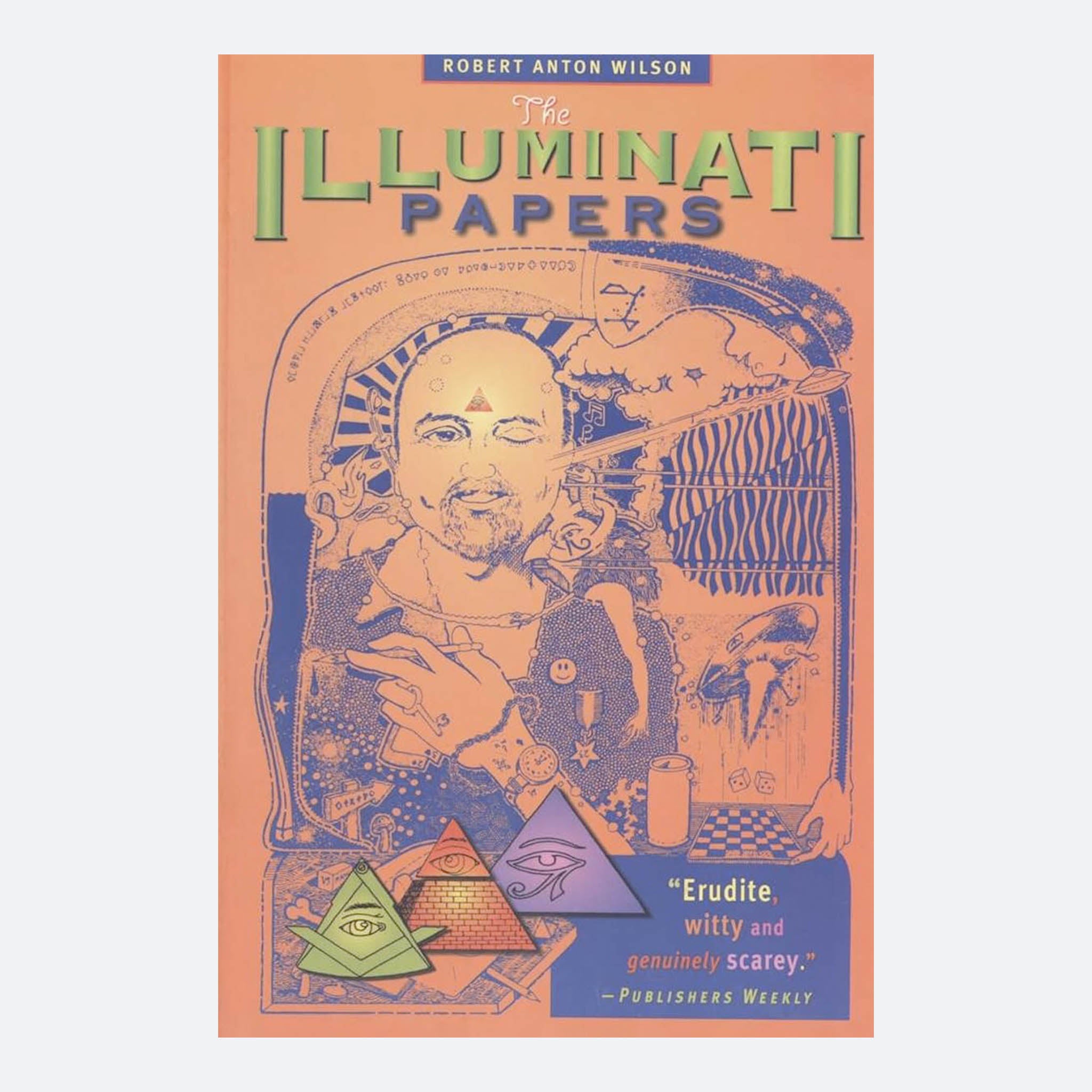 The Illuminati Papers by Robert Anton Wilson paperback book cover with a stylized illustration and text on an orange background